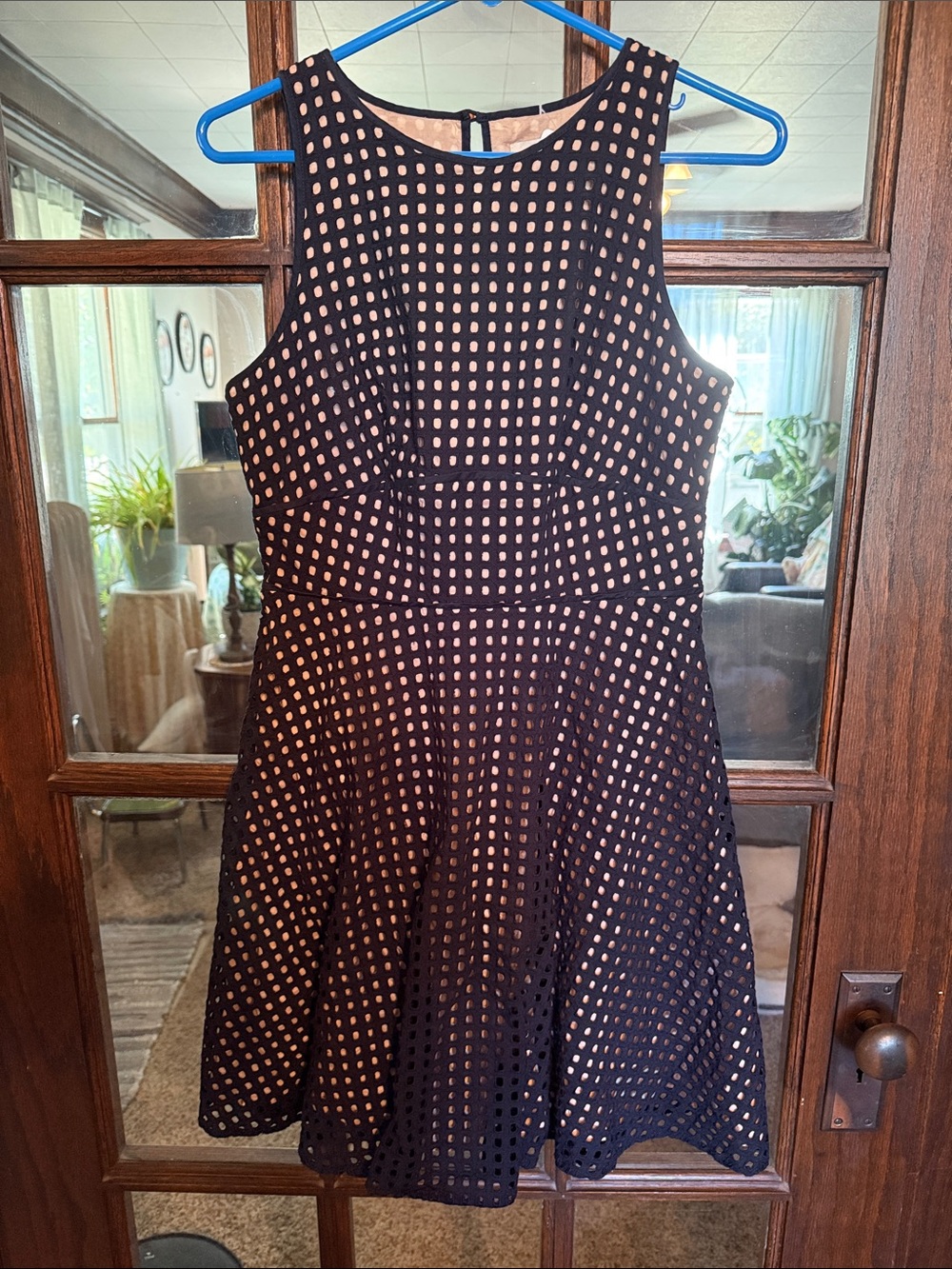 LOFT Black Eyelet Fit-and-Flare Dress with Nude Lining